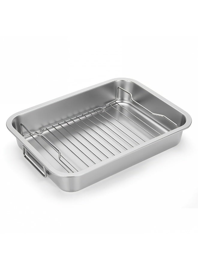 ValueHut Stainless Steel Roasting Pan with Rack – Rectangular Oven Baking Tray for Fish & Chicken, Durable Roaster Pan 42×32×6.5cm - Image 1